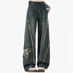 Fashion Casual Pants high Street y2k Butterfly Embroidery Retro Blue Jeans